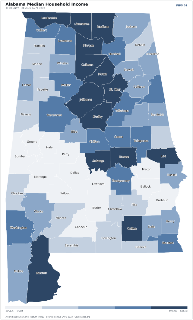 Map of Alabama counties shaded by median household income — official U.S. Census data