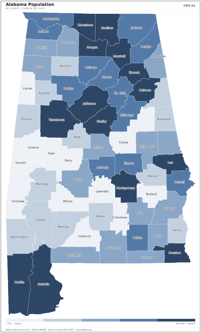 Map of Alabama counties shaded by population — official U.S. Census data