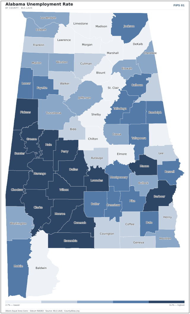 Map of Alabama counties shaded by unemployment rate — U.S. Bureau of Labor Statistics