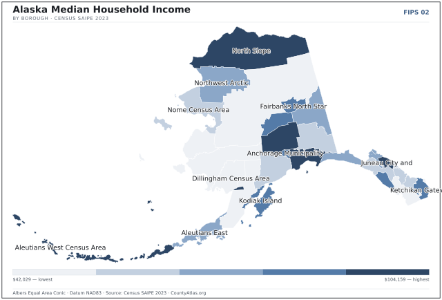 Map of Alaska counties shaded by median household income — official U.S. Census data