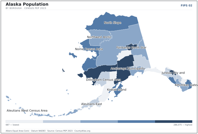 Map of Alaska counties shaded by population — official U.S. Census data