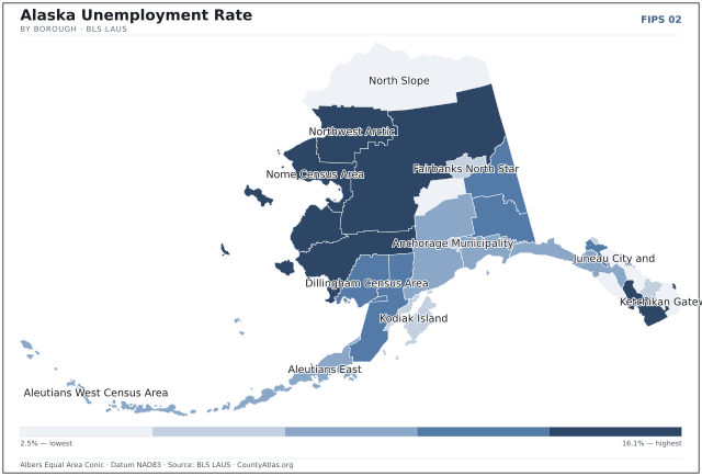 Map of Alaska counties shaded by unemployment rate — U.S. Bureau of Labor Statistics