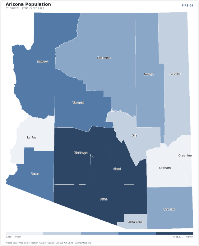 Map of Arizona counties shaded by population — official U.S. Census data