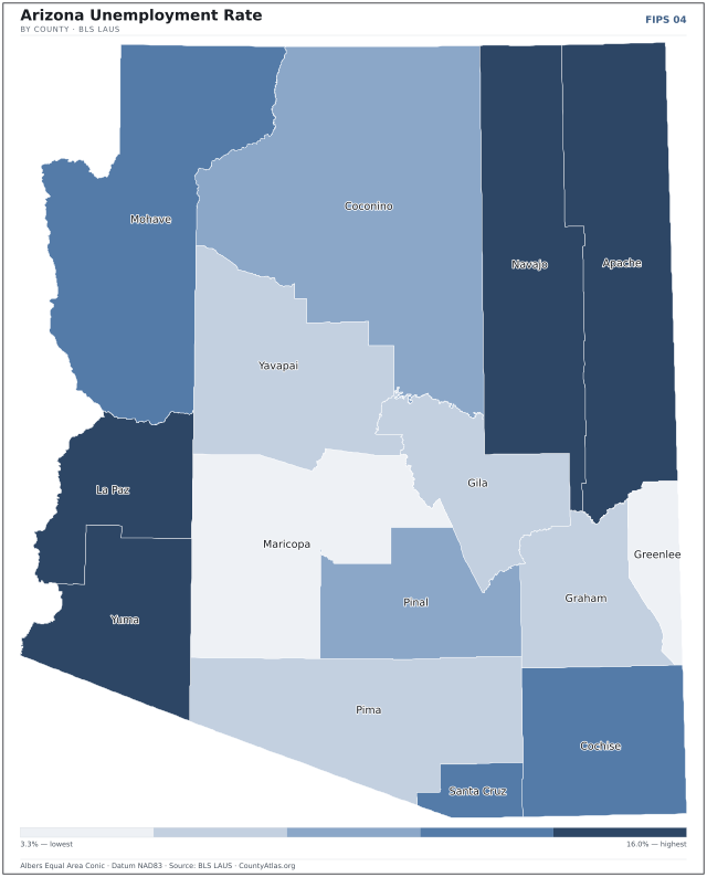 Map of Arizona counties shaded by unemployment rate — U.S. Bureau of Labor Statistics