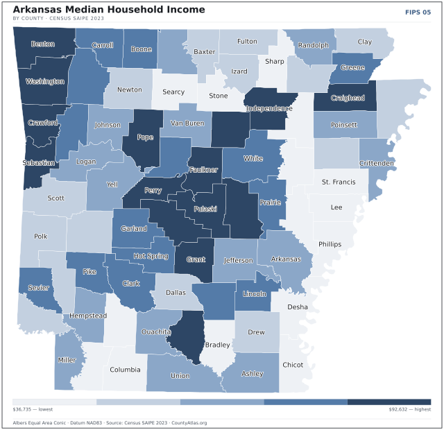 Map of Arkansas counties shaded by median household income — official U.S. Census data