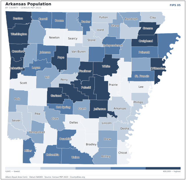 Map of Arkansas counties shaded by population — official U.S. Census data