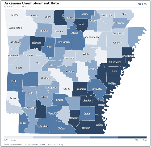 Map of Arkansas counties shaded by unemployment rate — U.S. Bureau of Labor Statistics