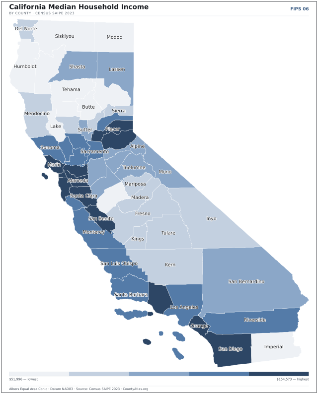 Map of California counties shaded by median household income — official U.S. Census data