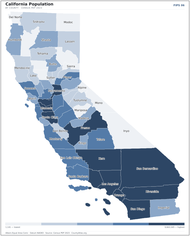 Map of California counties shaded by population — official U.S. Census data