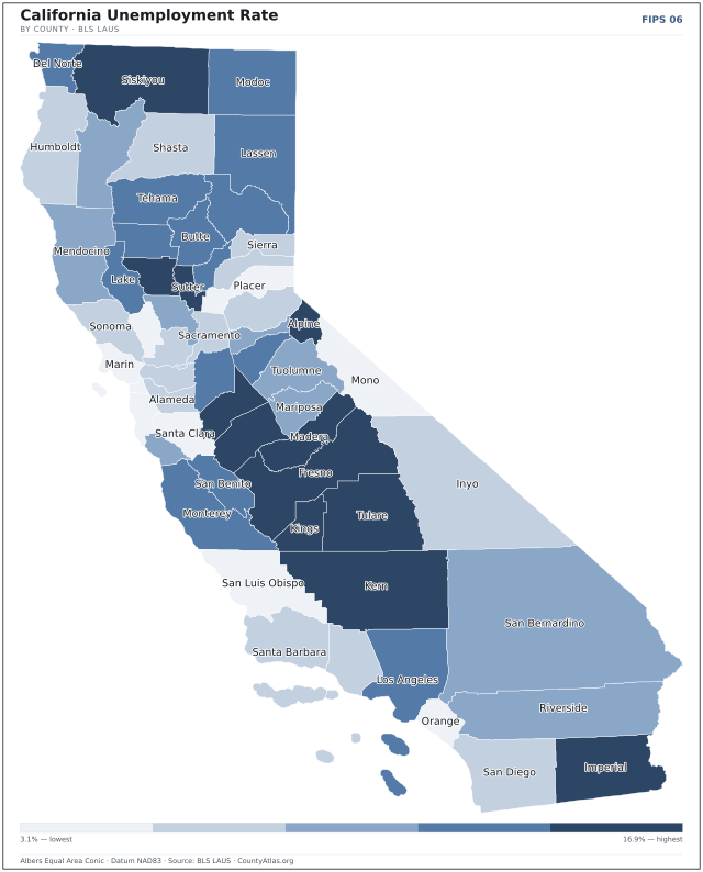 Map of California counties shaded by unemployment rate — U.S. Bureau of Labor Statistics
