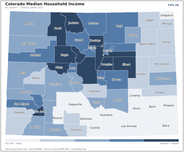 Map of Colorado counties shaded by median household income — official U.S. Census data