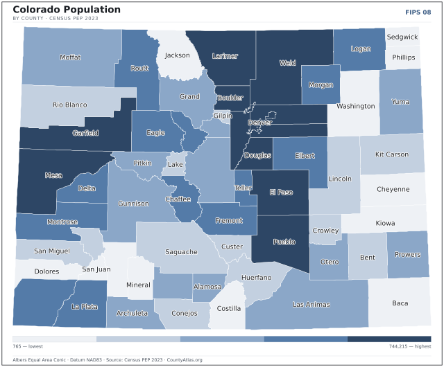 Map of Colorado counties shaded by population — official U.S. Census data