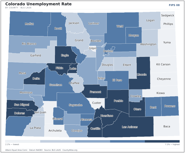 Map of Colorado counties shaded by unemployment rate — U.S. Bureau of Labor Statistics