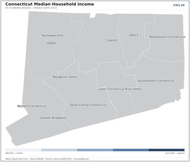 Map of Connecticut counties shaded by median household income — official U.S. Census data