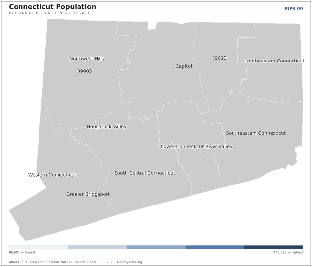 Map of Connecticut counties shaded by population — official U.S. Census data