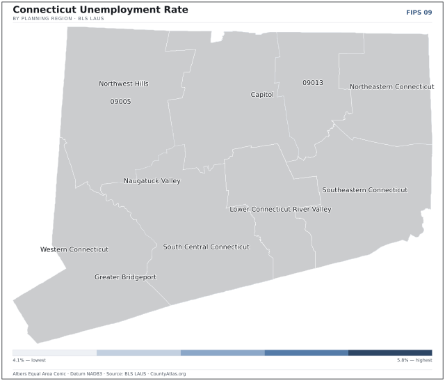 Map of Connecticut counties shaded by unemployment rate — U.S. Bureau of Labor Statistics