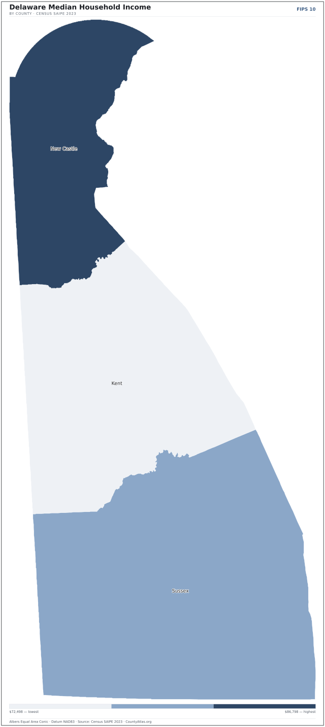 Map of Delaware counties shaded by median household income — official U.S. Census data
