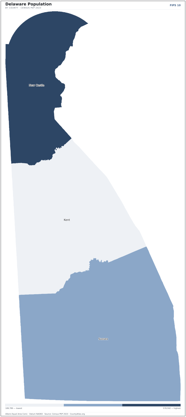 Map of Delaware counties shaded by population — official U.S. Census data