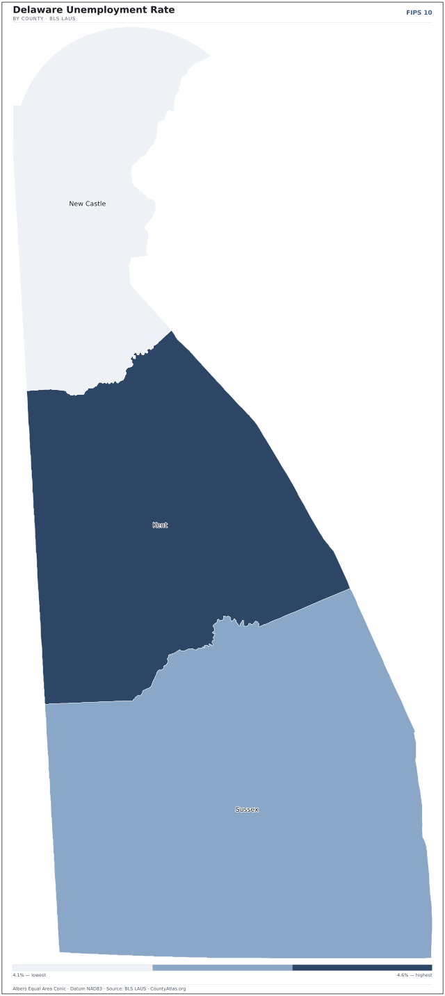 Map of Delaware counties shaded by unemployment rate — U.S. Bureau of Labor Statistics