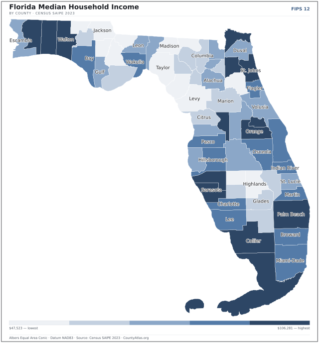 Map of Florida counties shaded by median household income — official U.S. Census data