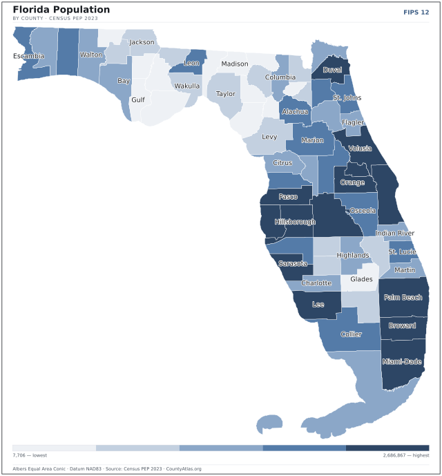 Map of Florida counties shaded by population — official U.S. Census data