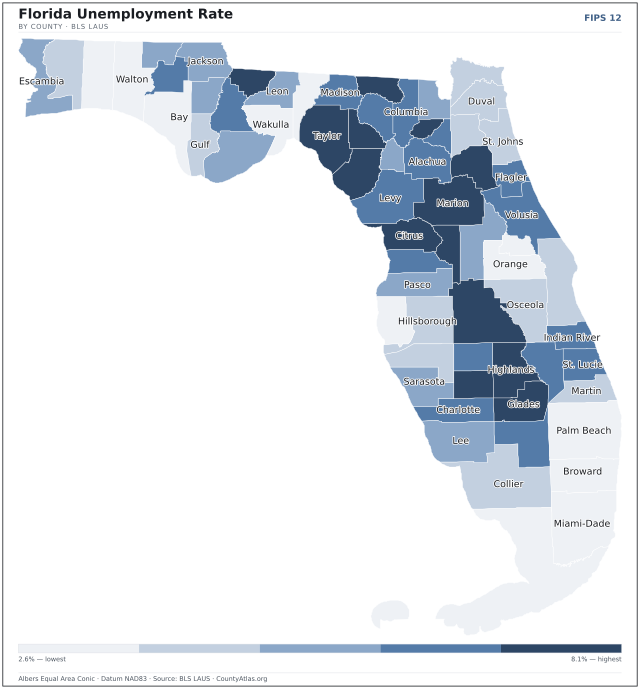Map of Florida counties shaded by unemployment rate — U.S. Bureau of Labor Statistics