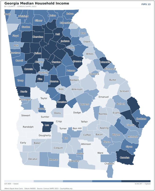 Map of Georgia counties shaded by median household income — official U.S. Census data