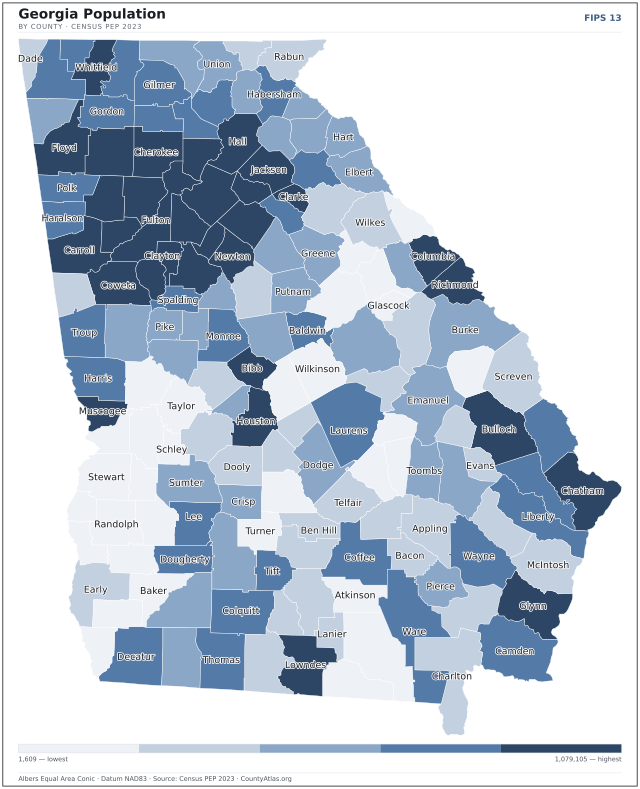 Map of Georgia counties shaded by population — official U.S. Census data