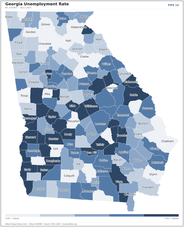Map of Georgia counties shaded by unemployment rate — U.S. Bureau of Labor Statistics