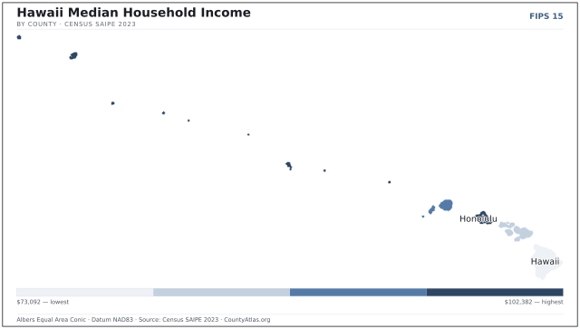 Map of Hawaii counties shaded by median household income — official U.S. Census data