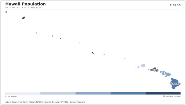 Map of Hawaii counties shaded by population — official U.S. Census data