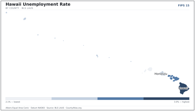 Map of Hawaii counties shaded by unemployment rate — U.S. Bureau of Labor Statistics