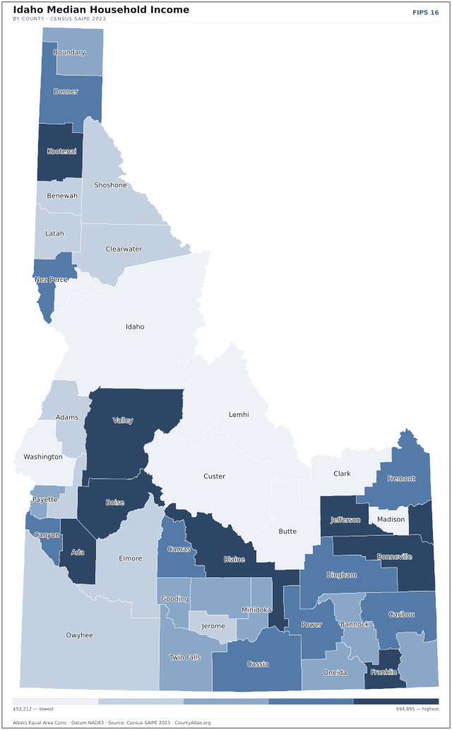 Map of Idaho counties shaded by median household income — official U.S. Census data