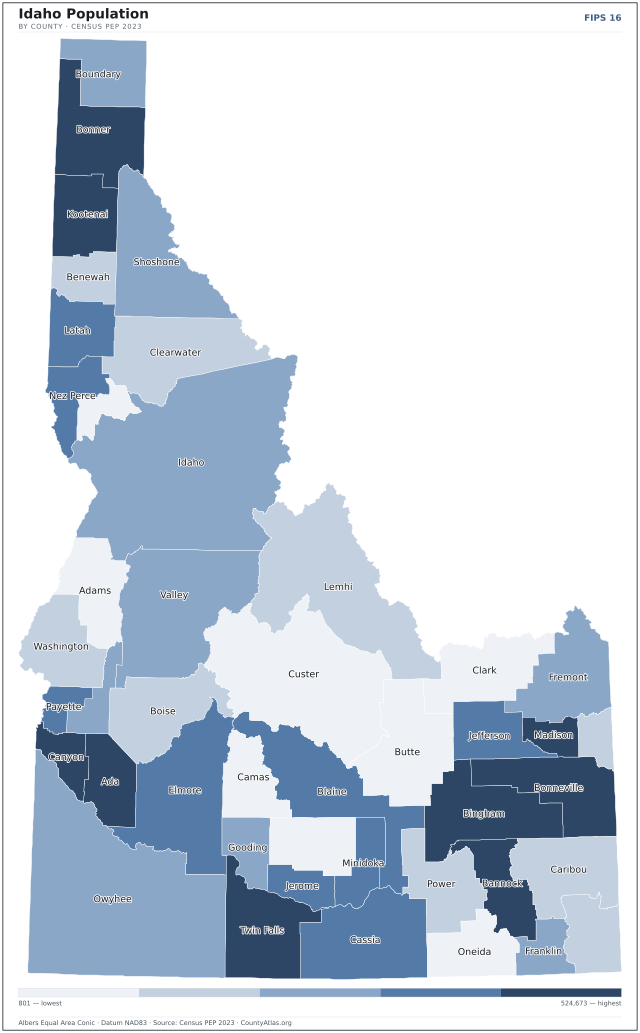 Map of Idaho counties shaded by population — official U.S. Census data