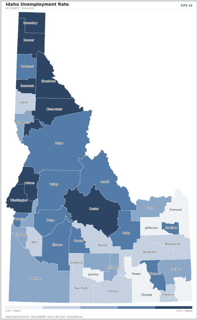 Map of Idaho counties shaded by unemployment rate — U.S. Bureau of Labor Statistics