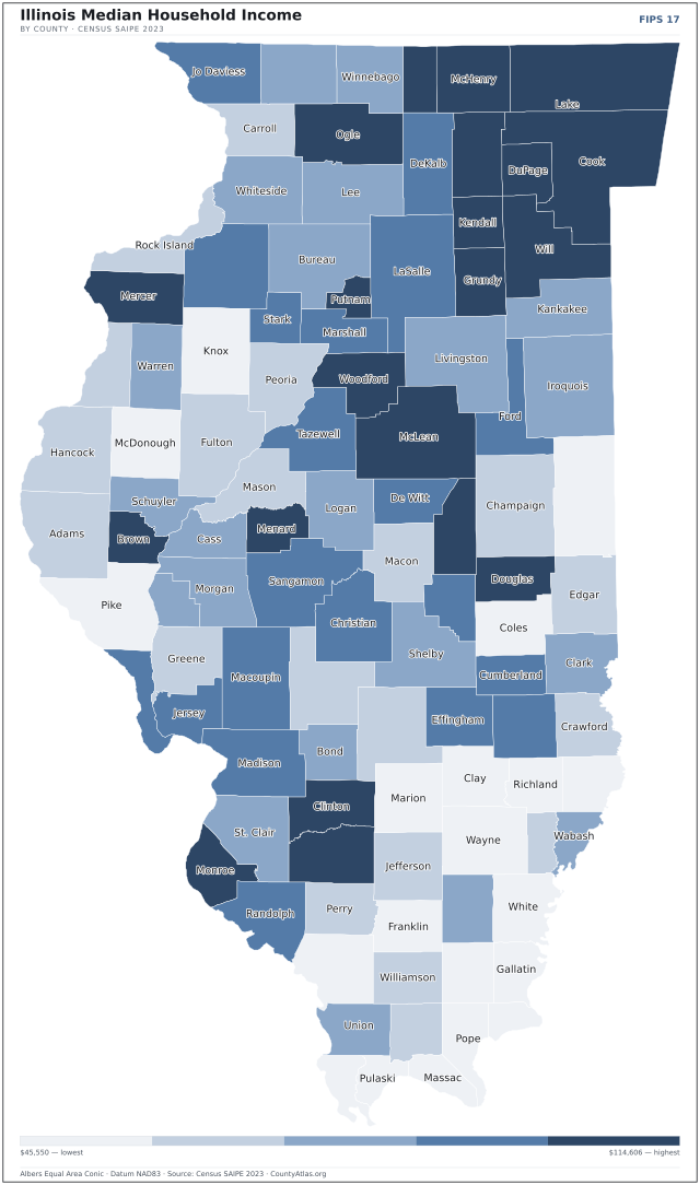 Map of Illinois counties shaded by median household income — official U.S. Census data