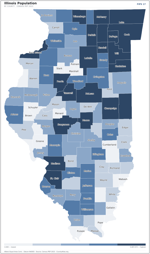 Map of Illinois counties shaded by population — official U.S. Census data