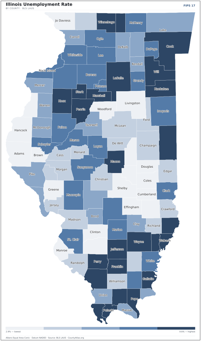 Map of Illinois counties shaded by unemployment rate — U.S. Bureau of Labor Statistics