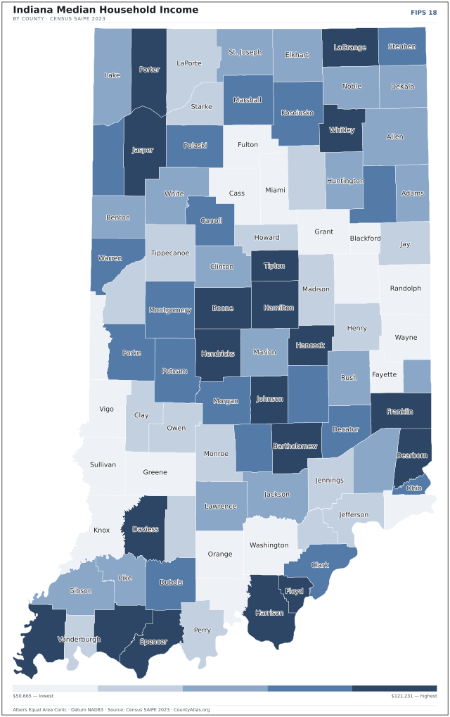 Map of Indiana counties shaded by median household income — official U.S. Census data