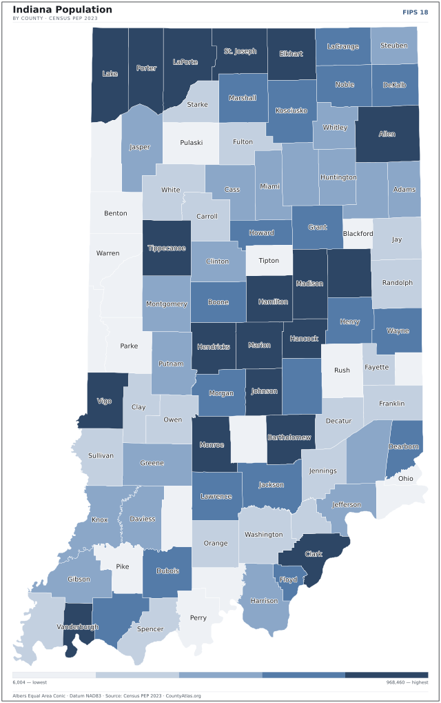 Map of Indiana counties shaded by population — official U.S. Census data