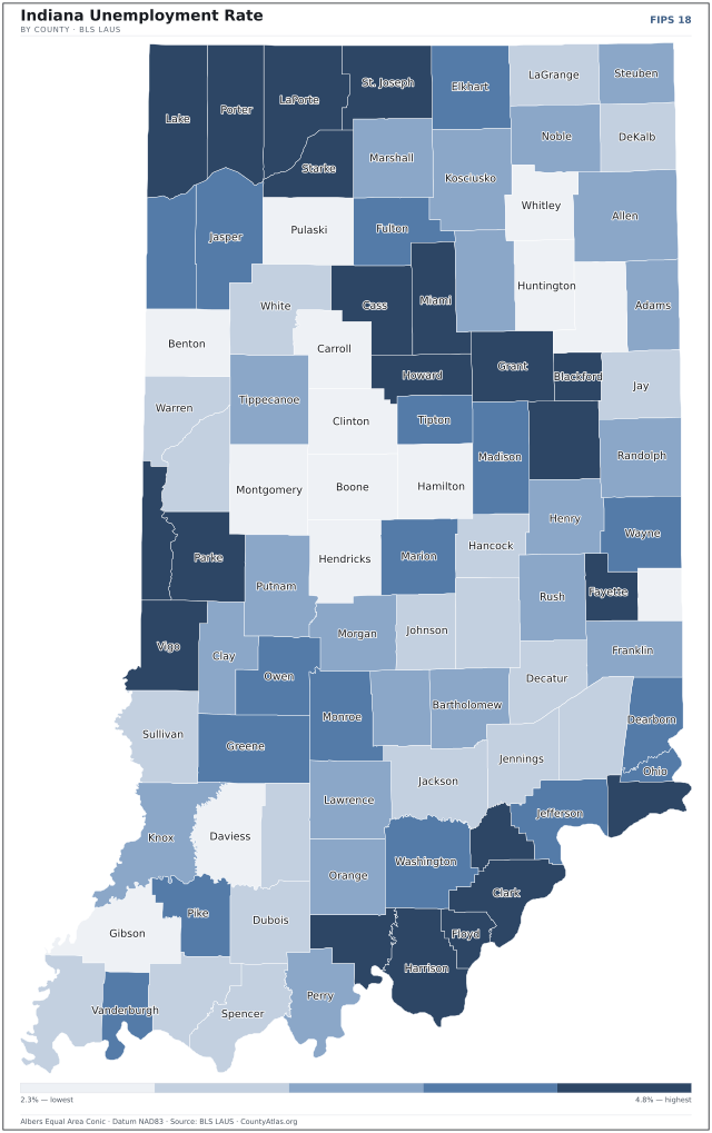 Map of Indiana counties shaded by unemployment rate — U.S. Bureau of Labor Statistics