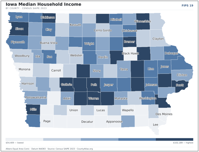 Map of Iowa counties shaded by median household income — official U.S. Census data
