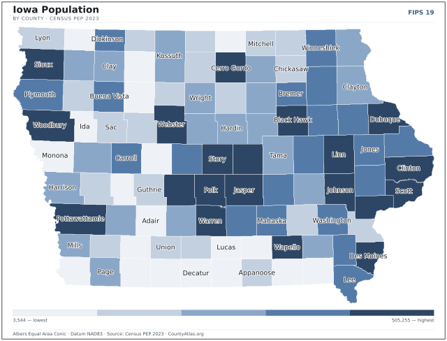 Map of Iowa counties shaded by population — official U.S. Census data