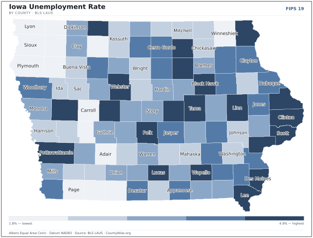 Map of Iowa counties shaded by unemployment rate — U.S. Bureau of Labor Statistics