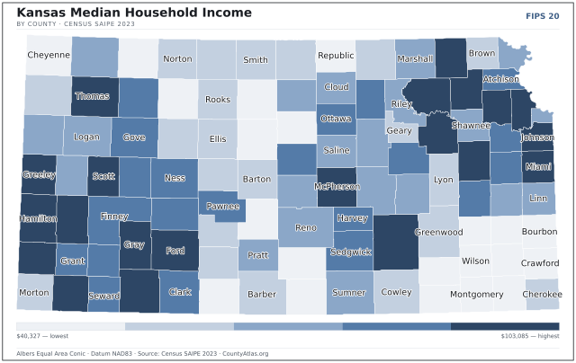 Map of Kansas counties shaded by median household income — official U.S. Census data