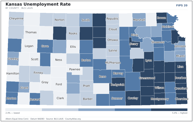 Map of Kansas counties shaded by unemployment rate — U.S. Bureau of Labor Statistics