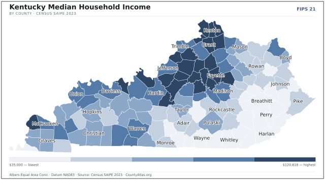 Map of Kentucky counties shaded by median household income — official U.S. Census data
