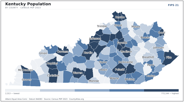Map of Kentucky counties shaded by population — official U.S. Census data