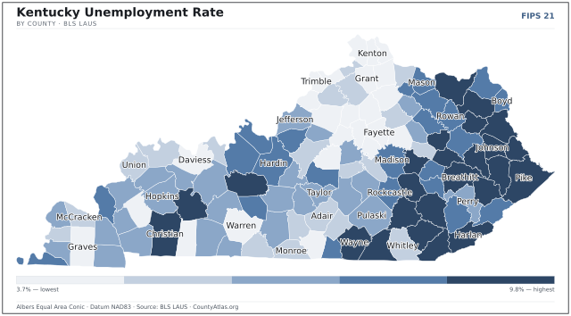Map of Kentucky counties shaded by unemployment rate — U.S. Bureau of Labor Statistics