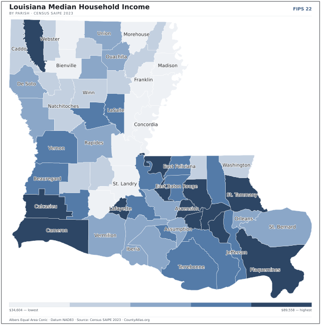 Map of Louisiana counties shaded by median household income — official U.S. Census data